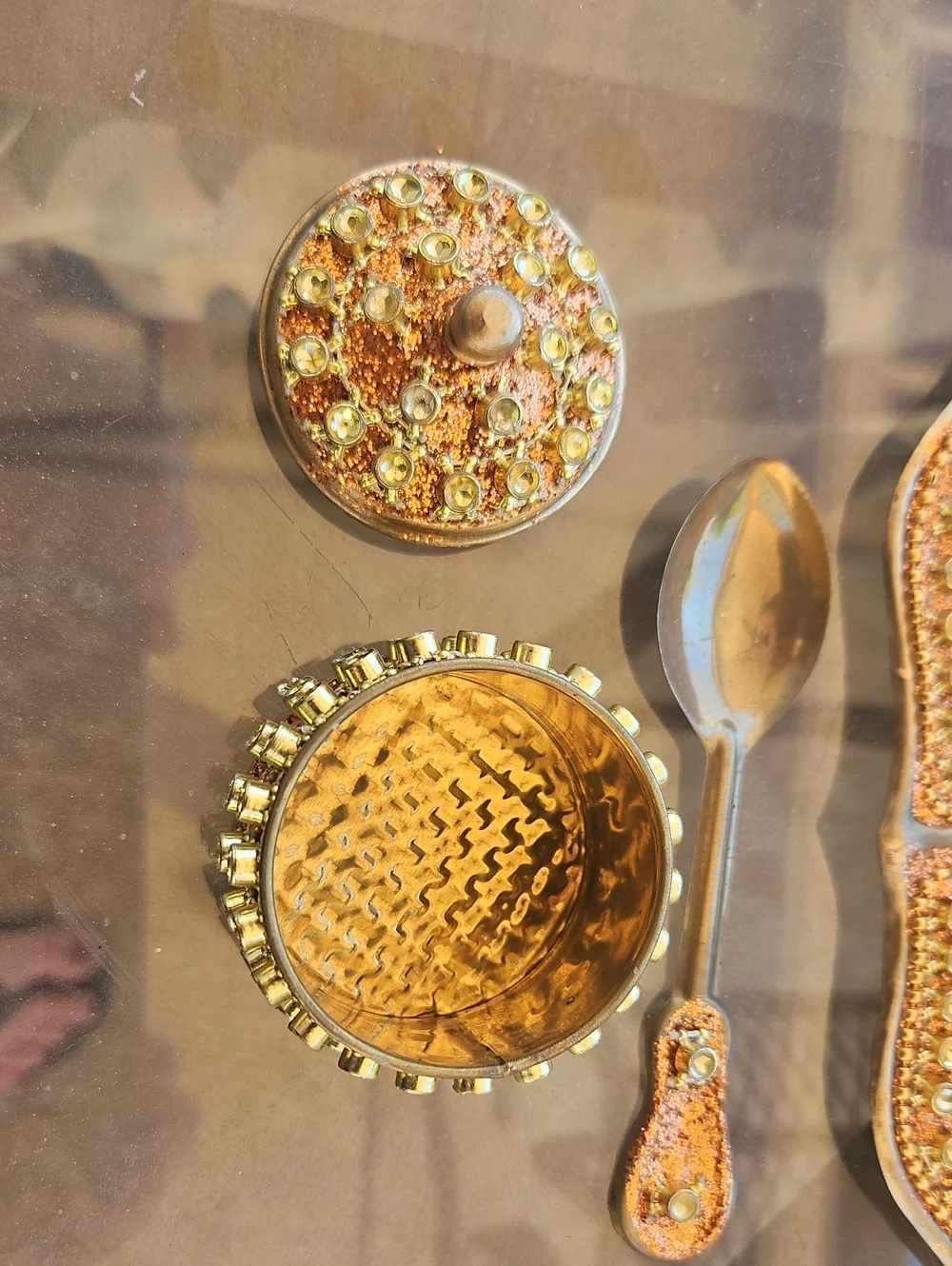 Traditional Haldi Kumkum Double Dish Set with Matching Spoon